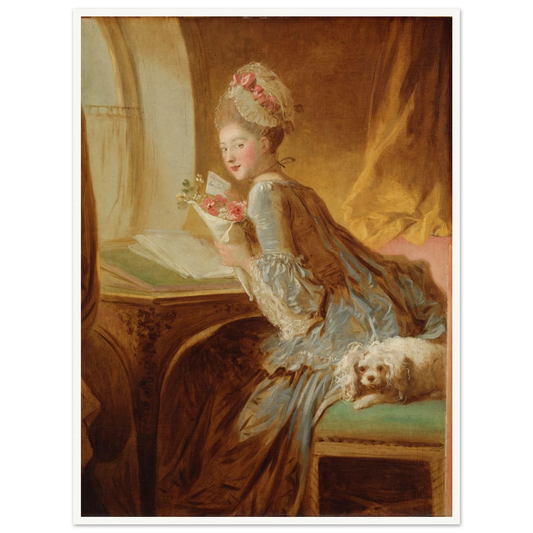 A young woman in a blue silk dress holds flowers and a love letter beside a small white dog.