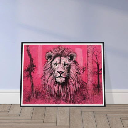 A striking painting of a lion with a majestic mane set against a vivid pink background, capturing the animal's regal presence.