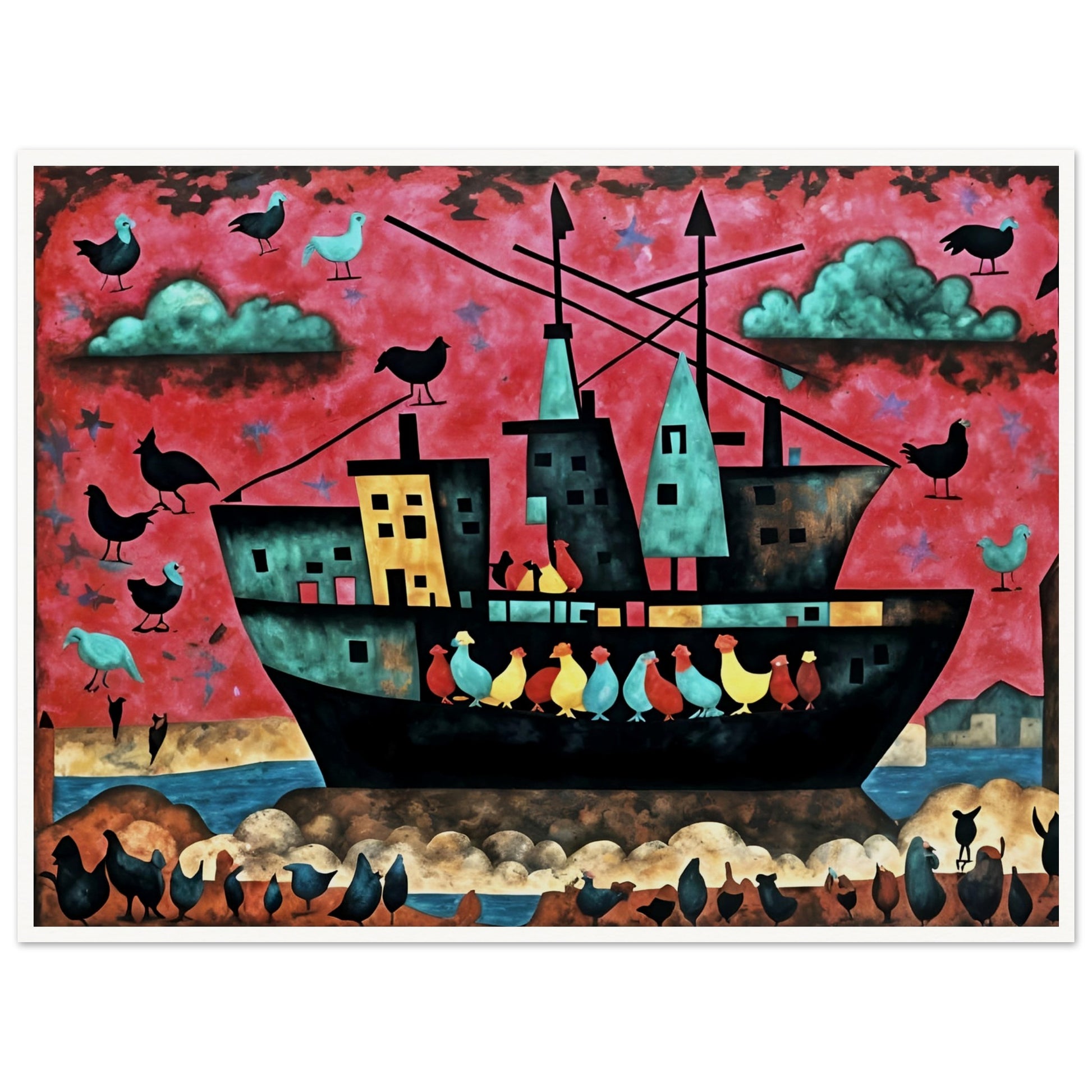 A surreal ship filled with colorful birds sails under a red sky, with more birds flying and perching around, creating a whimsical scene.