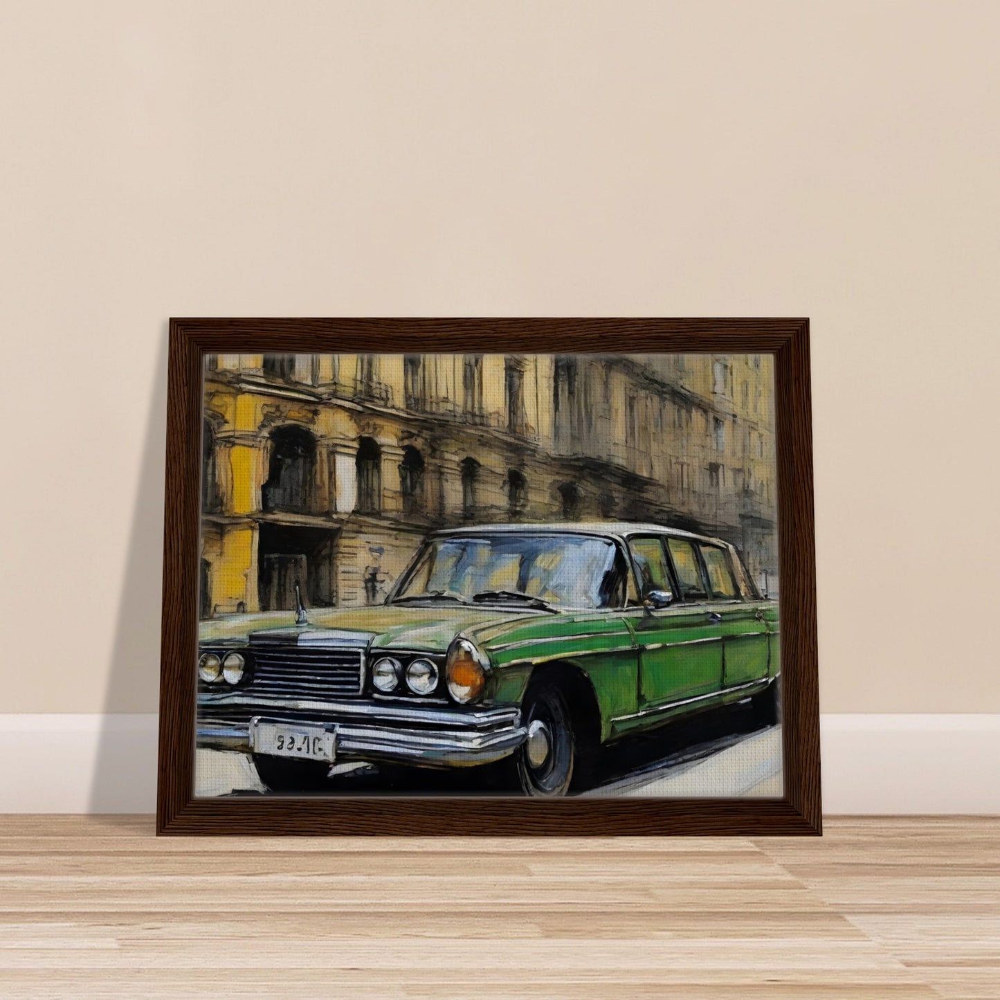 A striking painting of a green vintage car parked on a city street, surrounded by historic yellow buildings with intricate details.