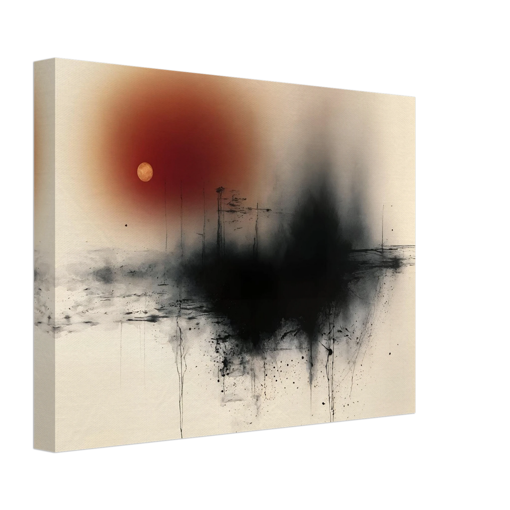 Black ink horizon with red sun and small gold moon on a cream field, with fine lines and splatters.