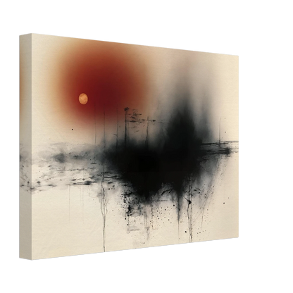 Black ink horizon with red sun and small gold moon on a cream field, with fine lines and splatters.