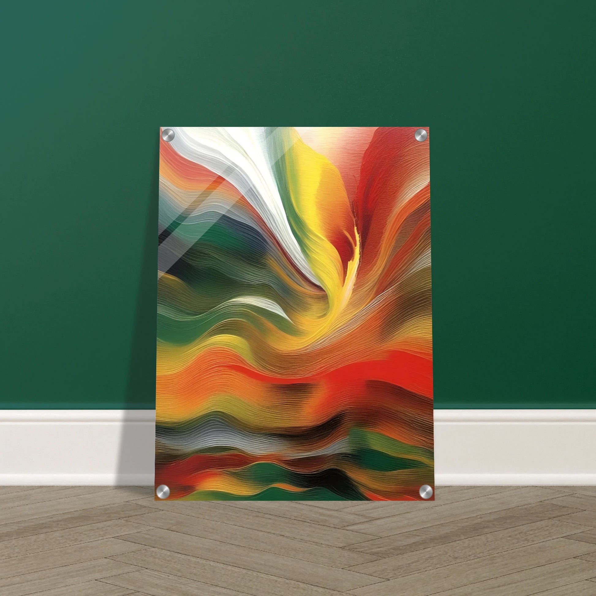 Swirling layers of red, green, gold, and white converge in a vivid, flowing motion that evokes fire and transformation.