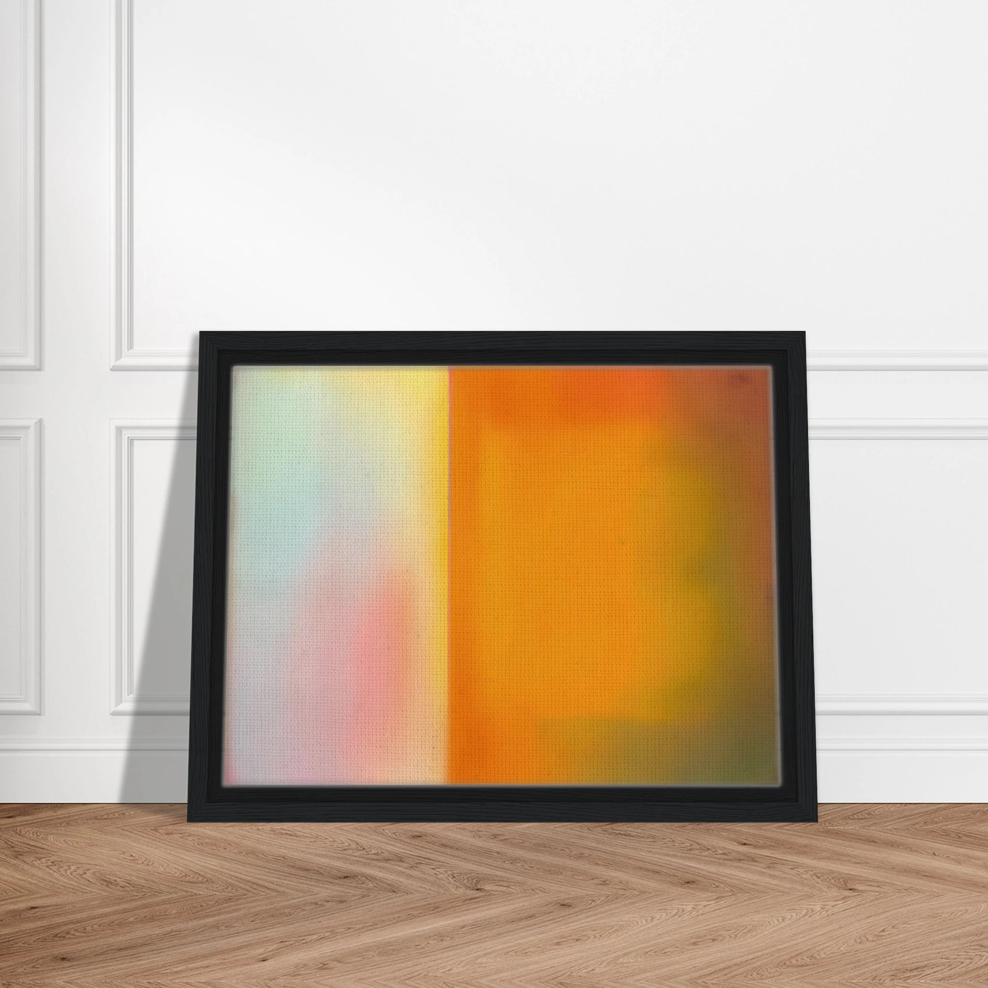 Soft luminous color field with glowing amber, pale blush, and misty light divided by a radiant vertical threshold.