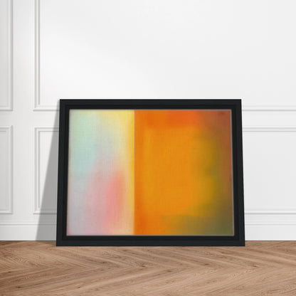 Soft luminous color field with glowing amber, pale blush, and misty light divided by a radiant vertical threshold.