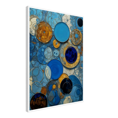 An abstract painting featuring various shades of blue and orange circular patterns overlapping in a dynamic composition.