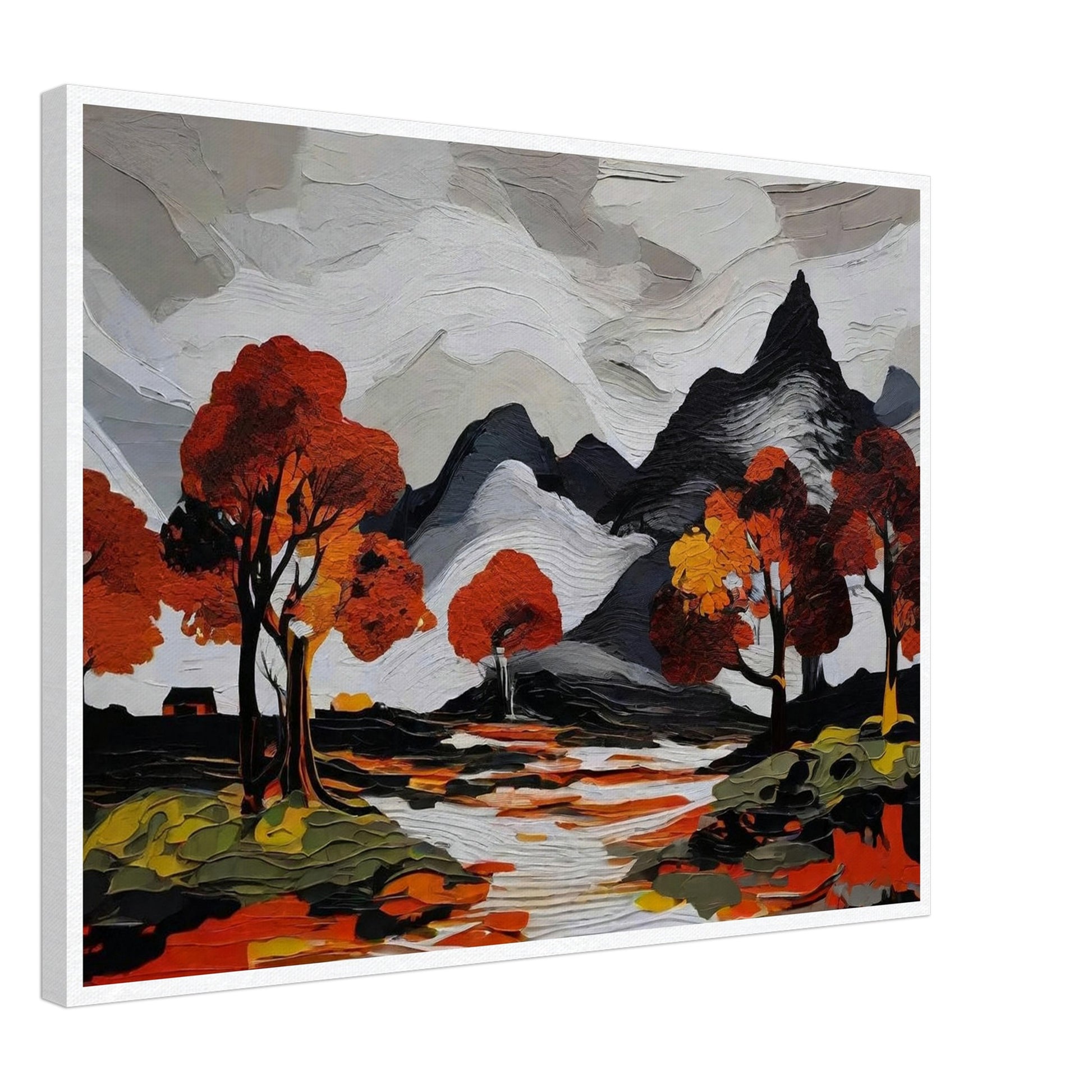 A striking painting of mountains with autumn trees reflected in a river, featuring vivid reds and oranges.