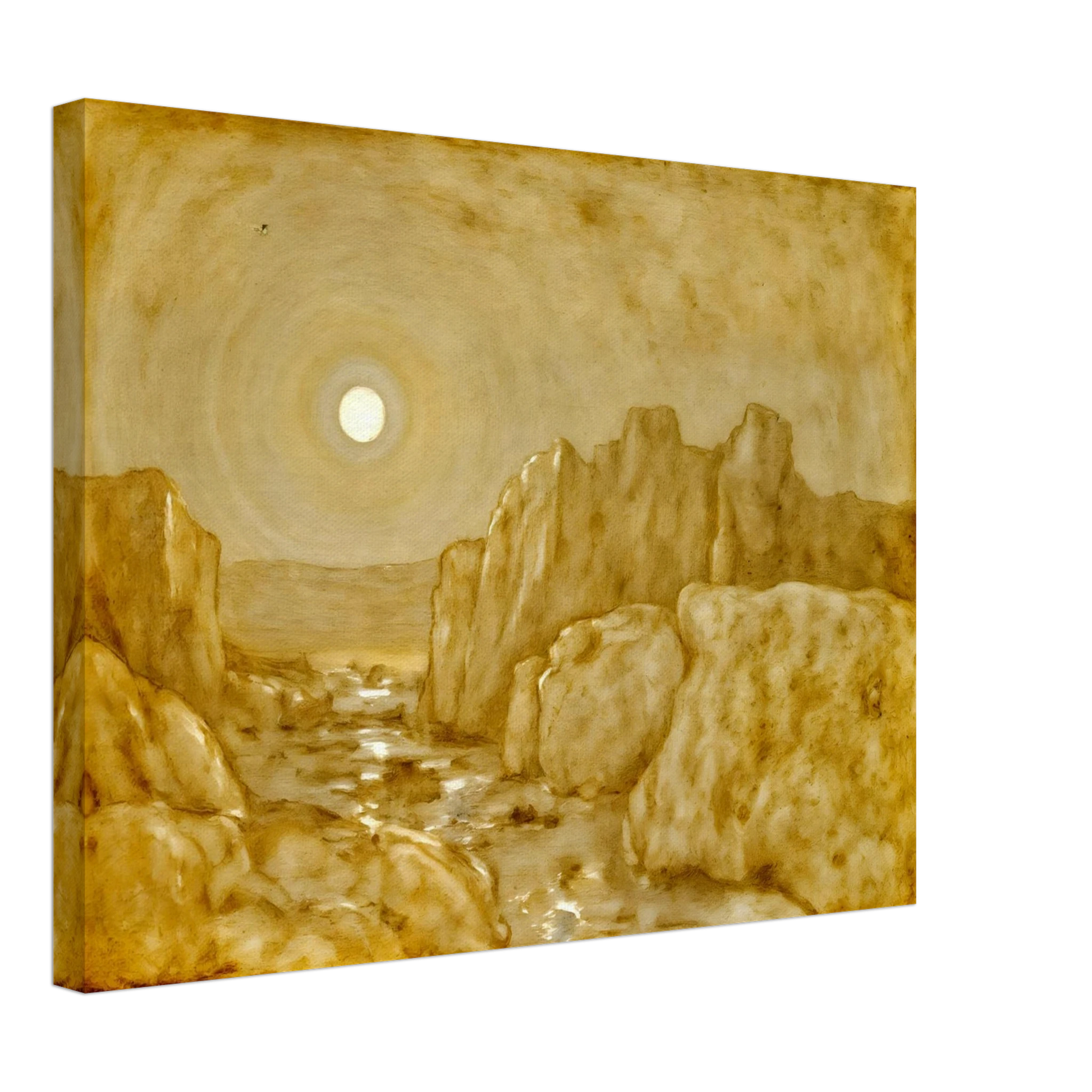 Golden canyon landscape beneath a radiant sun, with weathered stone cliffs and reflective waters glowing in warm sepia tones.