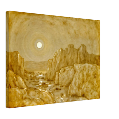 Golden canyon landscape beneath a radiant sun, with weathered stone cliffs and reflective waters glowing in warm sepia tones.