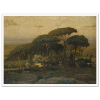 Umbrella pines rise over a quiet Italian landscape with fields and distant hills