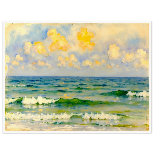 Waves roll gently under a golden-clouded sky in this vivid seascape, where sea and sky meet in soft, luminous tones.