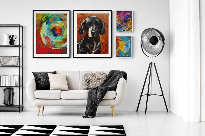 A modern living room featuring a blue sofa with a red blanket, a bicycle, and a gallery wall with various artworks including abstracts, portraits, and a black dog painting.