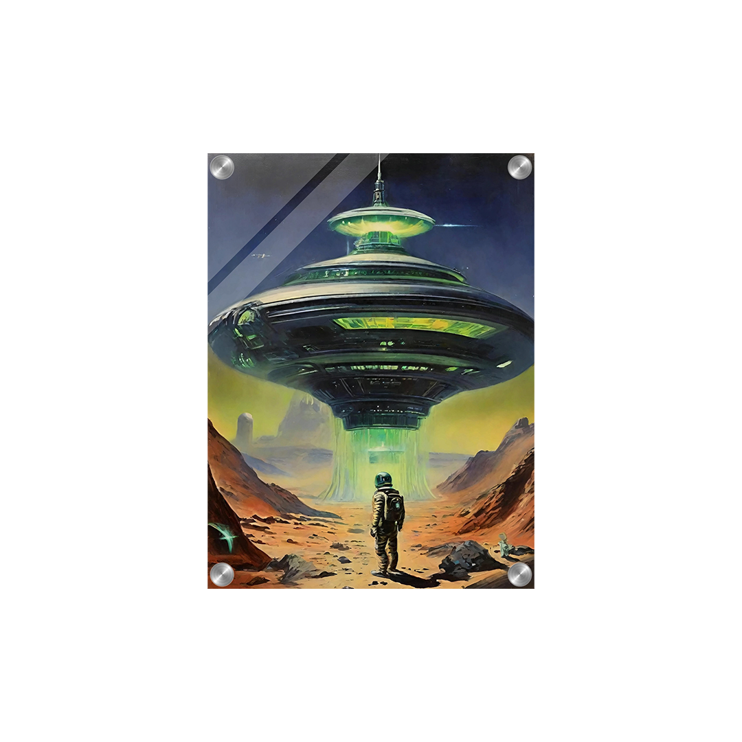 Futuristic sci-fi artwork featuring an astronaut beneath a hovering spaceship with glowing green lights in an alien landscape.