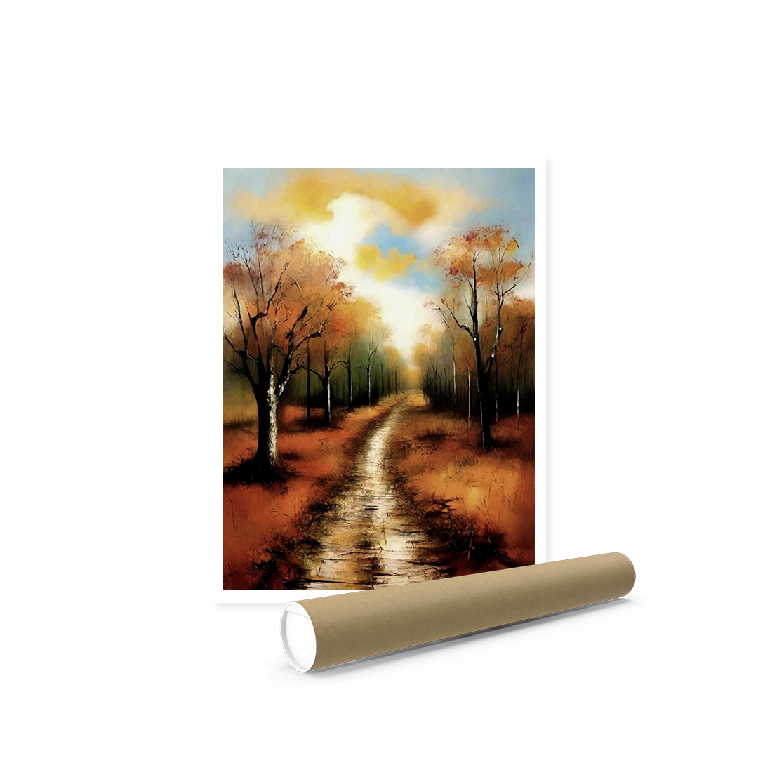 Autumn landscape wall art print featuring a winding path through a forest of golden and orange trees, with soft clouds in a bright sky.