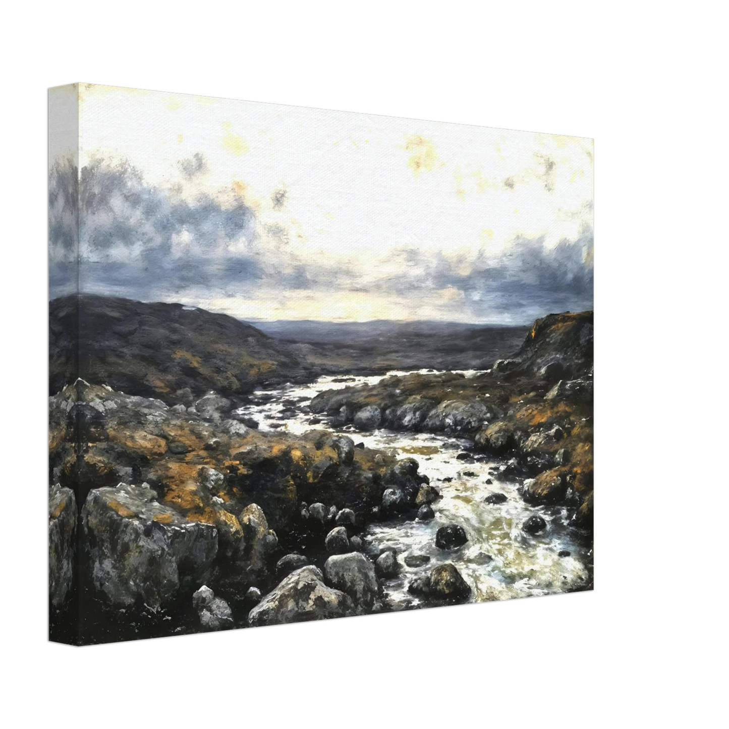 A rugged river winds through rocky highlands beneath dramatic clouds, blending silver waters with earthy terrain and distant horizons.
