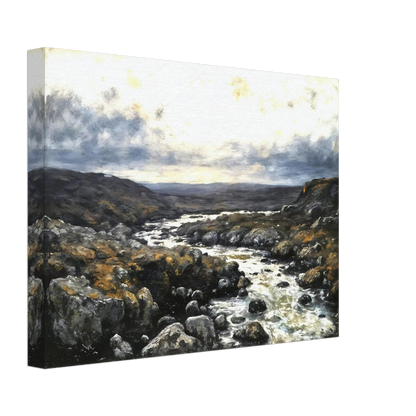 A rugged river winds through rocky highlands beneath dramatic clouds, blending silver waters with earthy terrain and distant horizons.