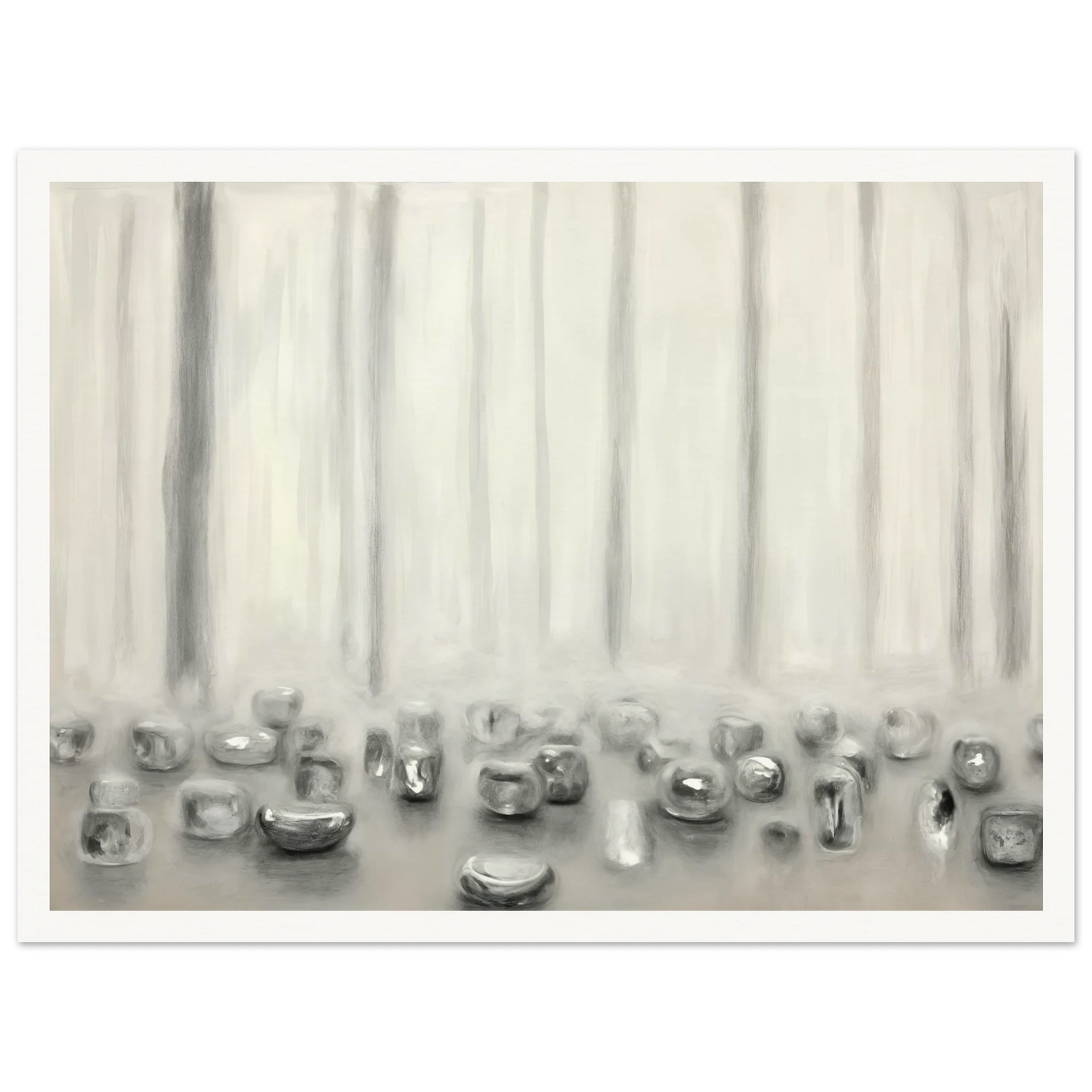 Minimalist pale composition with translucent silver forms resting beneath misty vertical lines in a serene monochrome atmosphere.