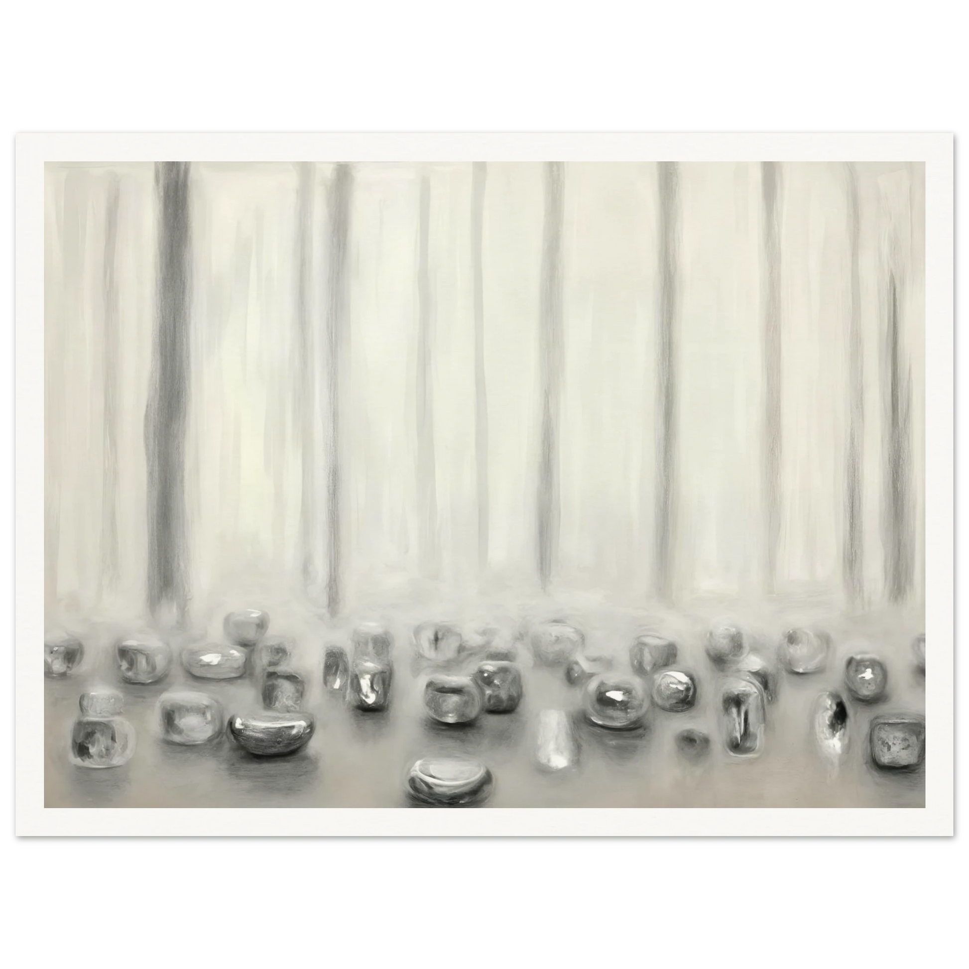 Minimalist pale composition with translucent silver forms resting beneath misty vertical lines in a serene monochrome atmosphere.