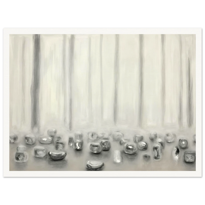 Minimalist pale composition with translucent silver forms resting beneath misty vertical lines in a serene monochrome atmosphere.