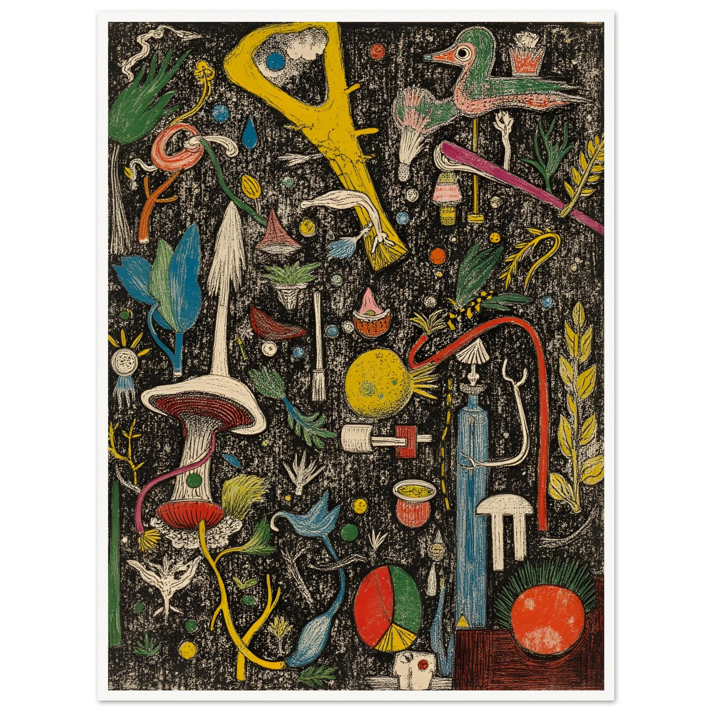 A dense and whimsical collage of surreal plants, tools, birds, and symbols scattered over a textured black background.