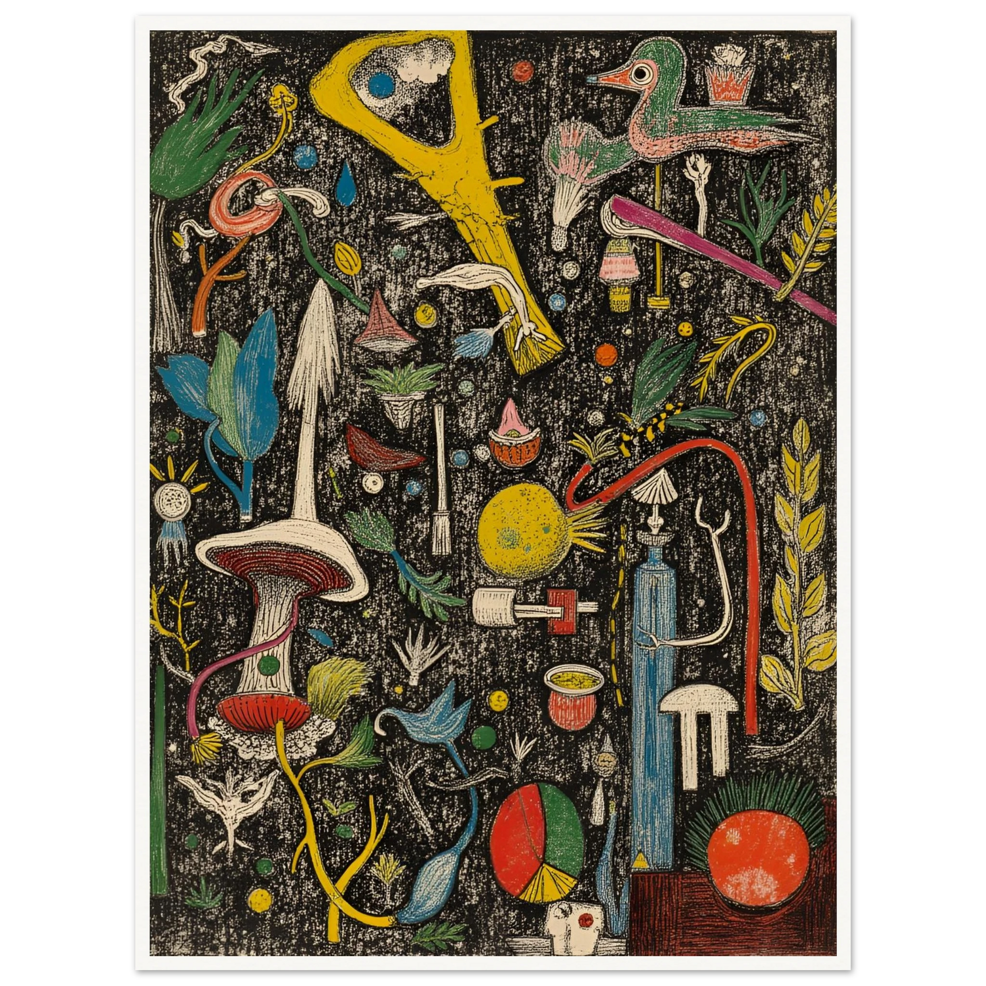 A dense and whimsical collage of surreal plants, tools, birds, and symbols scattered over a textured black background.