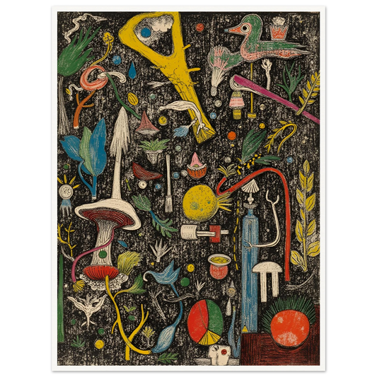 A dense and whimsical collage of surreal plants, tools, birds, and symbols scattered over a textured black background.