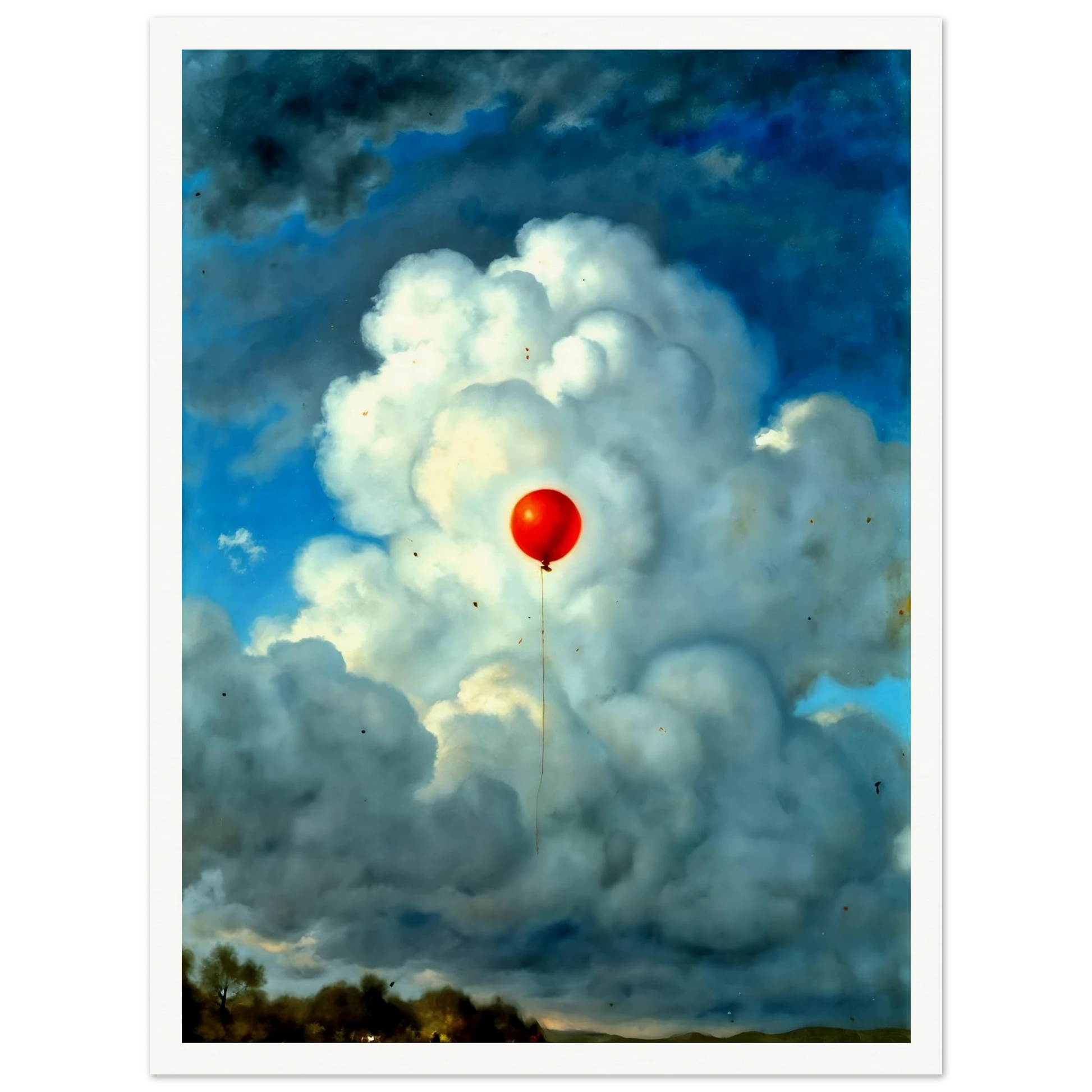 Single red balloon floating through towering white clouds against a dramatic blue sky, creating a surreal scene of hope and wonder.