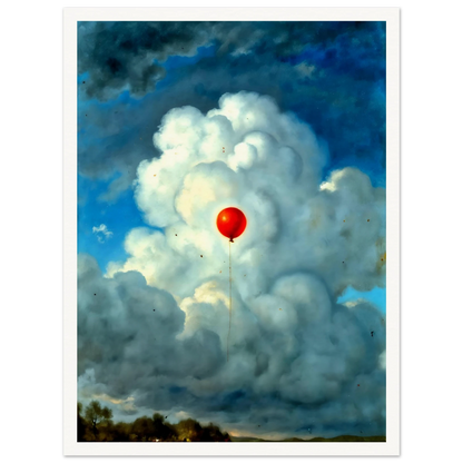 Single red balloon floating through towering white clouds against a dramatic blue sky, creating a surreal scene of hope and wonder.