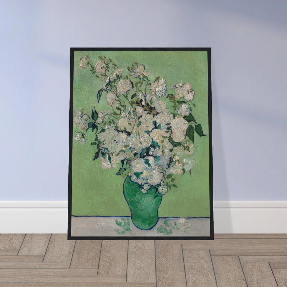 White roses bloom in a green vase against a pale green background with thick brushwork.