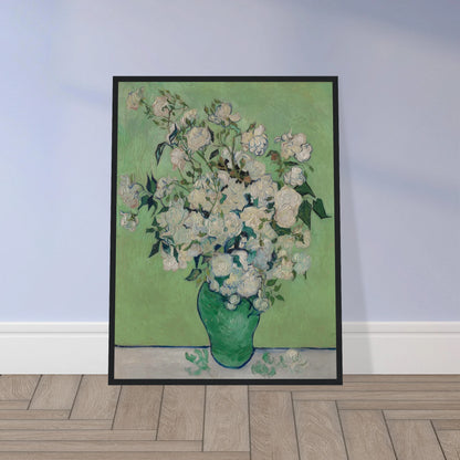 White roses bloom in a green vase against a pale green background with thick brushwork.