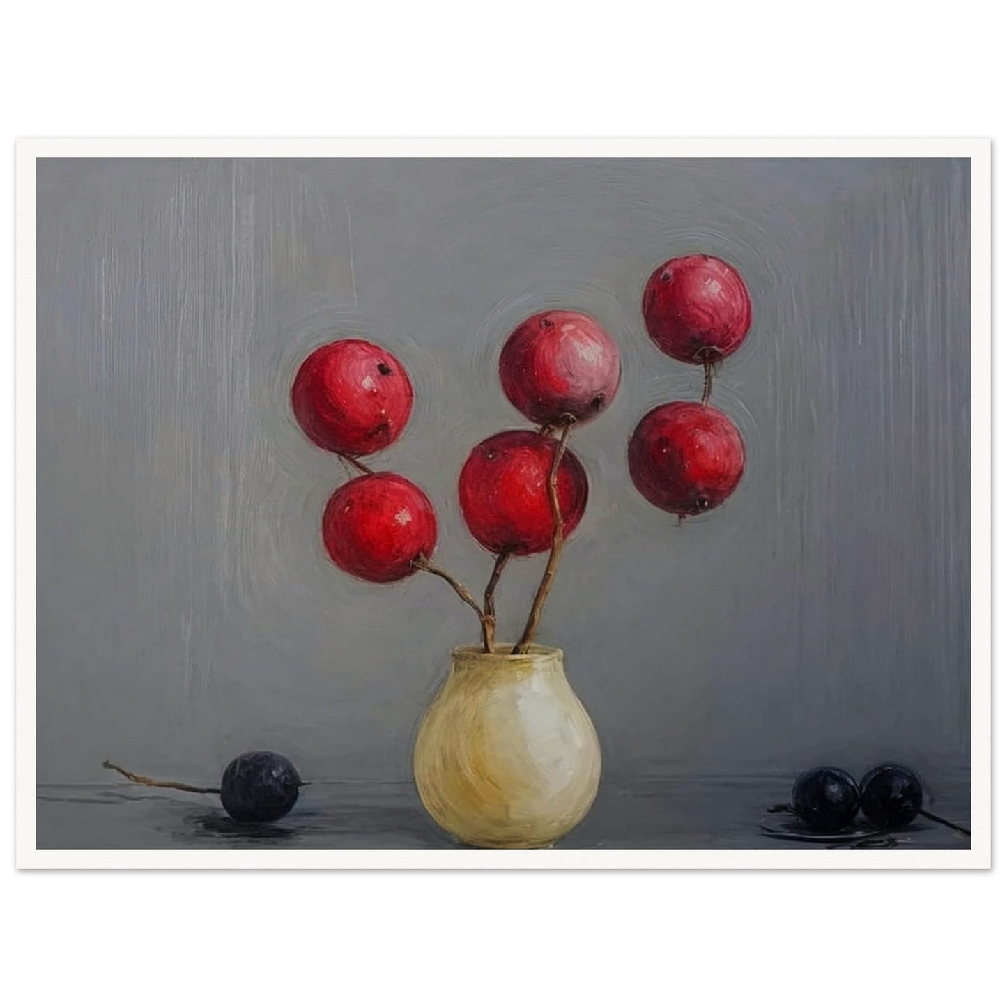 A minimalist still life painting featuring red berries arranged in a small, round vase, set against a soft gray background, with two dark berries resting on the table.