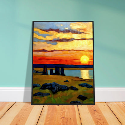 Captivating artwork of a vibrant sunset over a mysterious stone circle, with vivid orange skies and serene reflections on water.