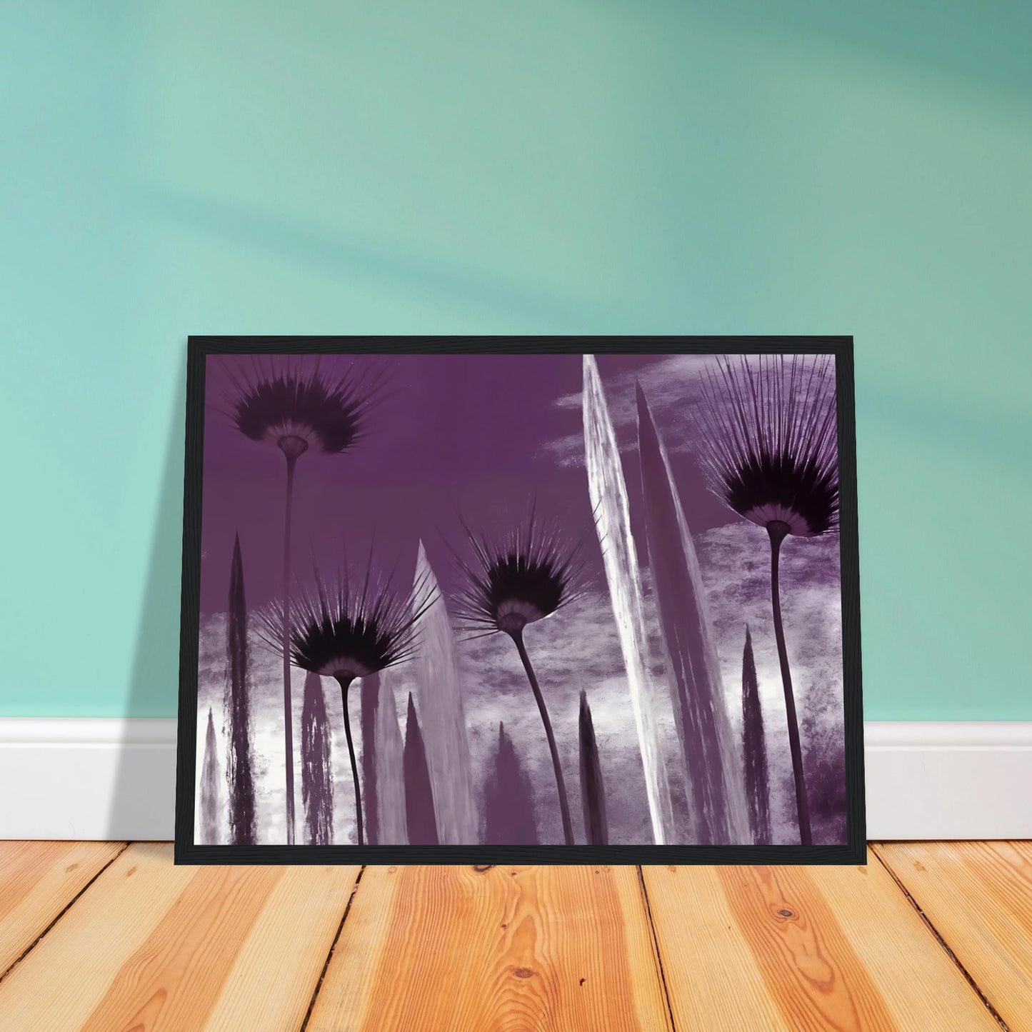 Tall spiky flowers in dark violet silhouettes reach upward against a cloudy lavender sky, evoking mystery and calm.
