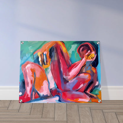 A vibrant abstract painting of a reclining figure, painted with bold strokes of red, pink, orange, and blue, evoking deep emotion.