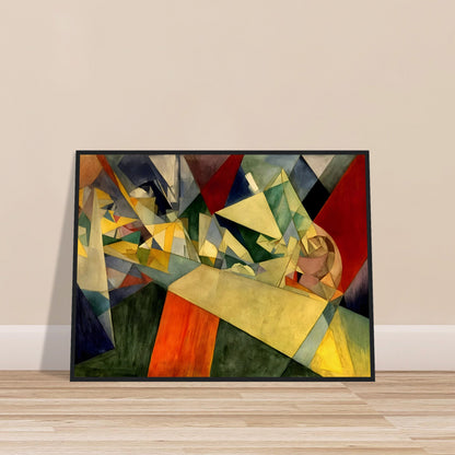 An abstract composition of interlocking geometric shapes in shades of yellow, green, red, and blue, creating a fragmented, dynamic perspective.