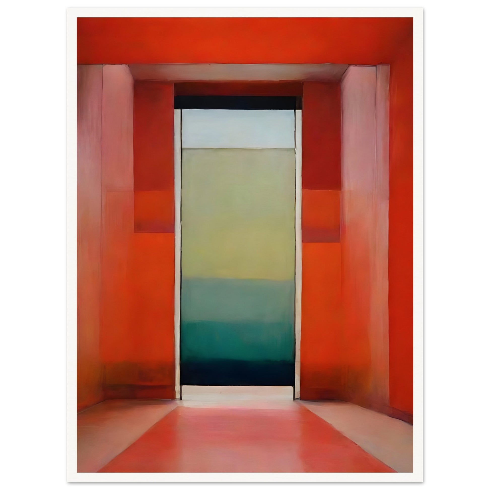 A striking architectural composition featuring a bold red corridor leading to a doorway with a gradient of blue and green, evoking mystery and depth.