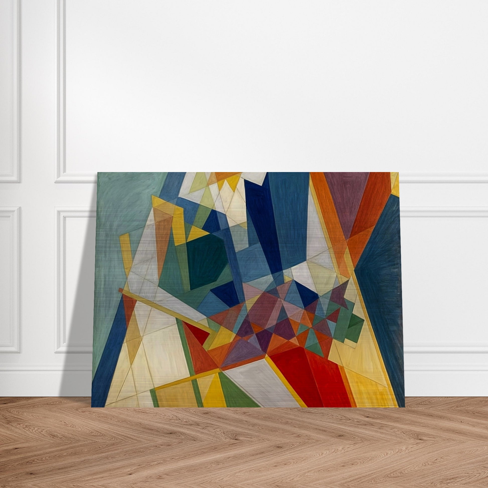 An abstract painting showcasing intersecting geometric shapes in vibrant colors, creating a harmonious and dynamic composition.