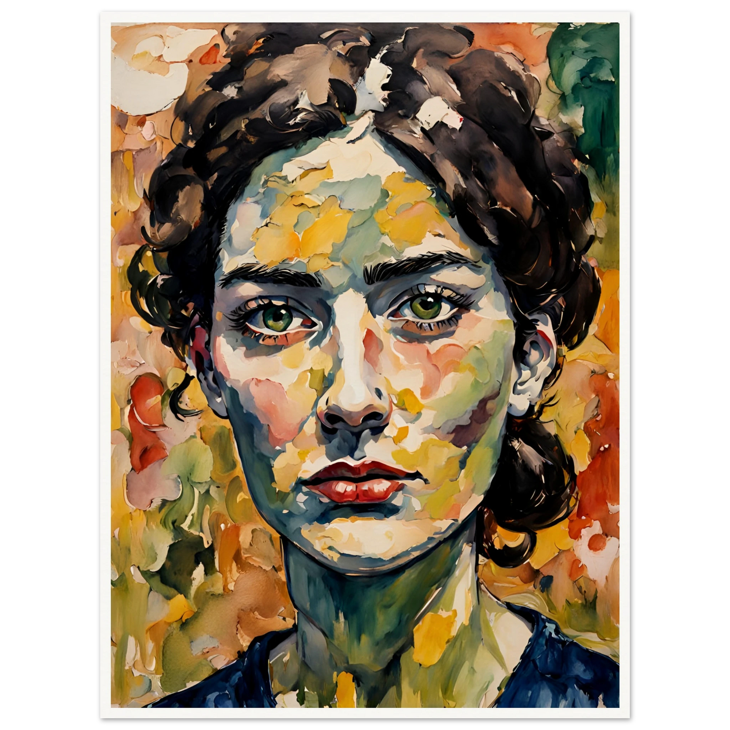 A vibrant portrait of a woman with deep green eyes, expressive red lips, and a textured face blending warm autumn hues in bold brushstrokes.