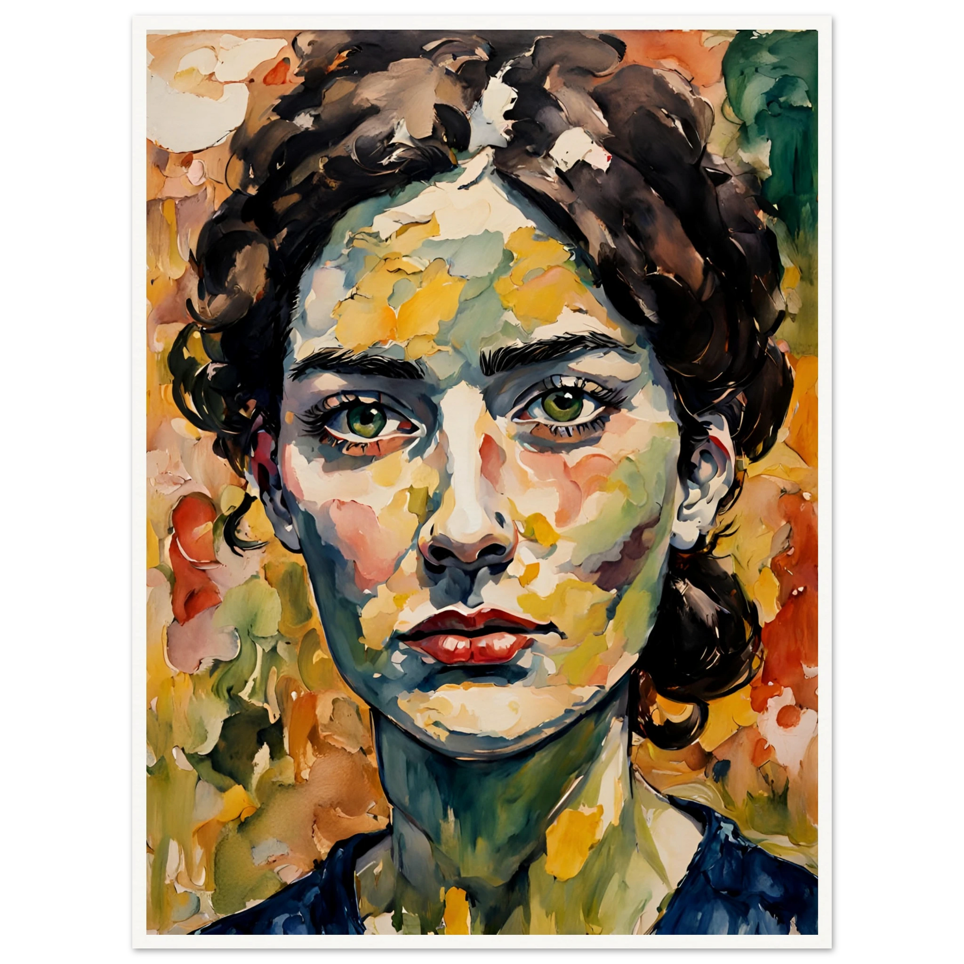A vibrant portrait of a woman with deep green eyes, expressive red lips, and a textured face blending warm autumn hues in bold brushstrokes.
