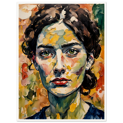 A vibrant portrait of a woman with deep green eyes, expressive red lips, and a textured face blending warm autumn hues in bold brushstrokes.