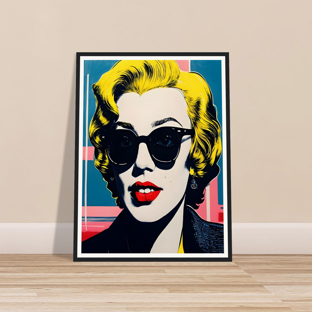 Vibrant pop art-style portrait of a woman with blonde hair, bold red lips, and dark sunglasses against a colorful geometric background.