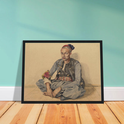 Seated artisan from Algiers in blue robes and a red cap, wearing a patterned sash and ornate accessories.