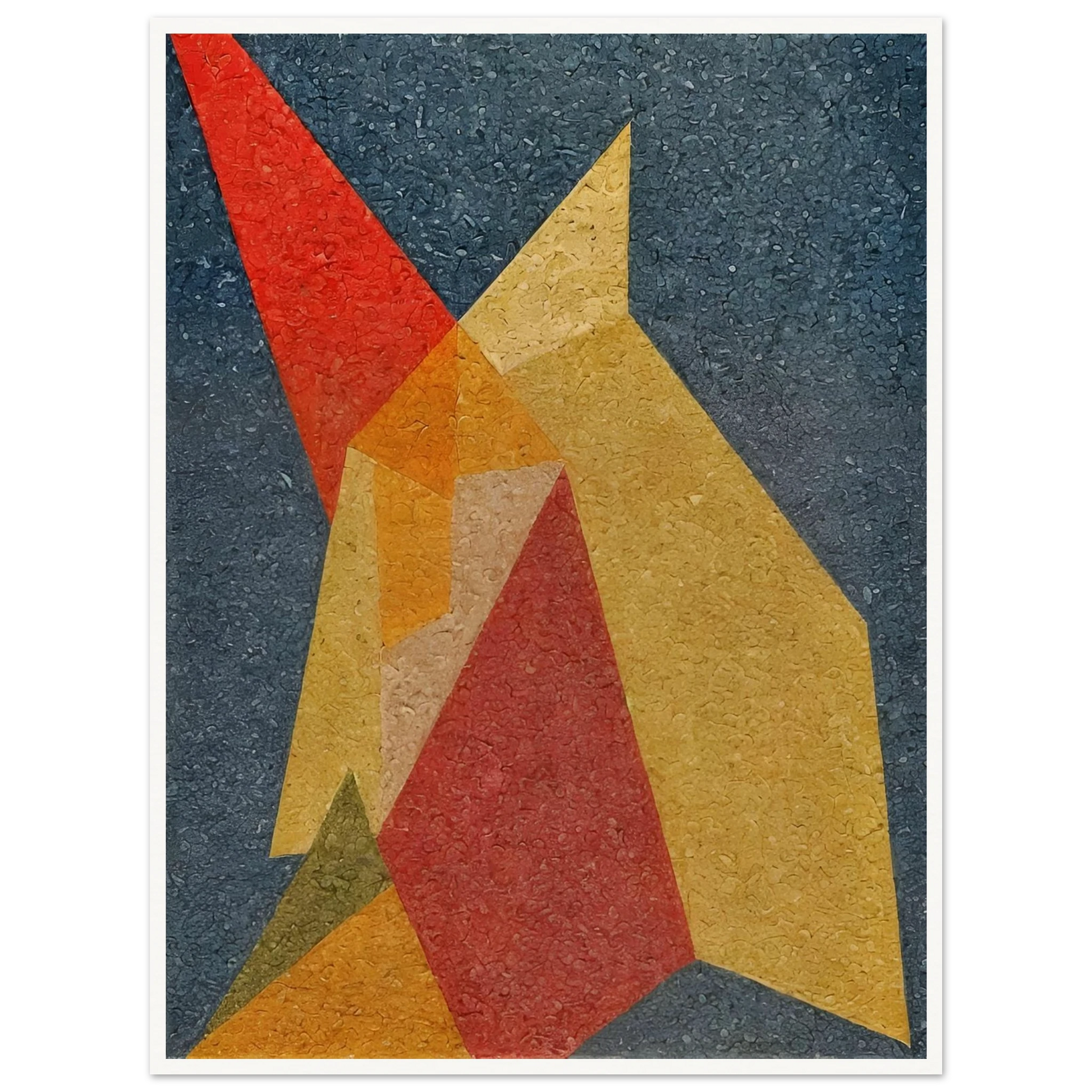 Bold overlapping polygons in red, yellow, and orange intersect over a textured navy background, evoking fiery movement and tension.
