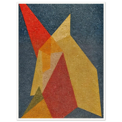 Bold overlapping polygons in red, yellow, and orange intersect over a textured navy background, evoking fiery movement and tension.
