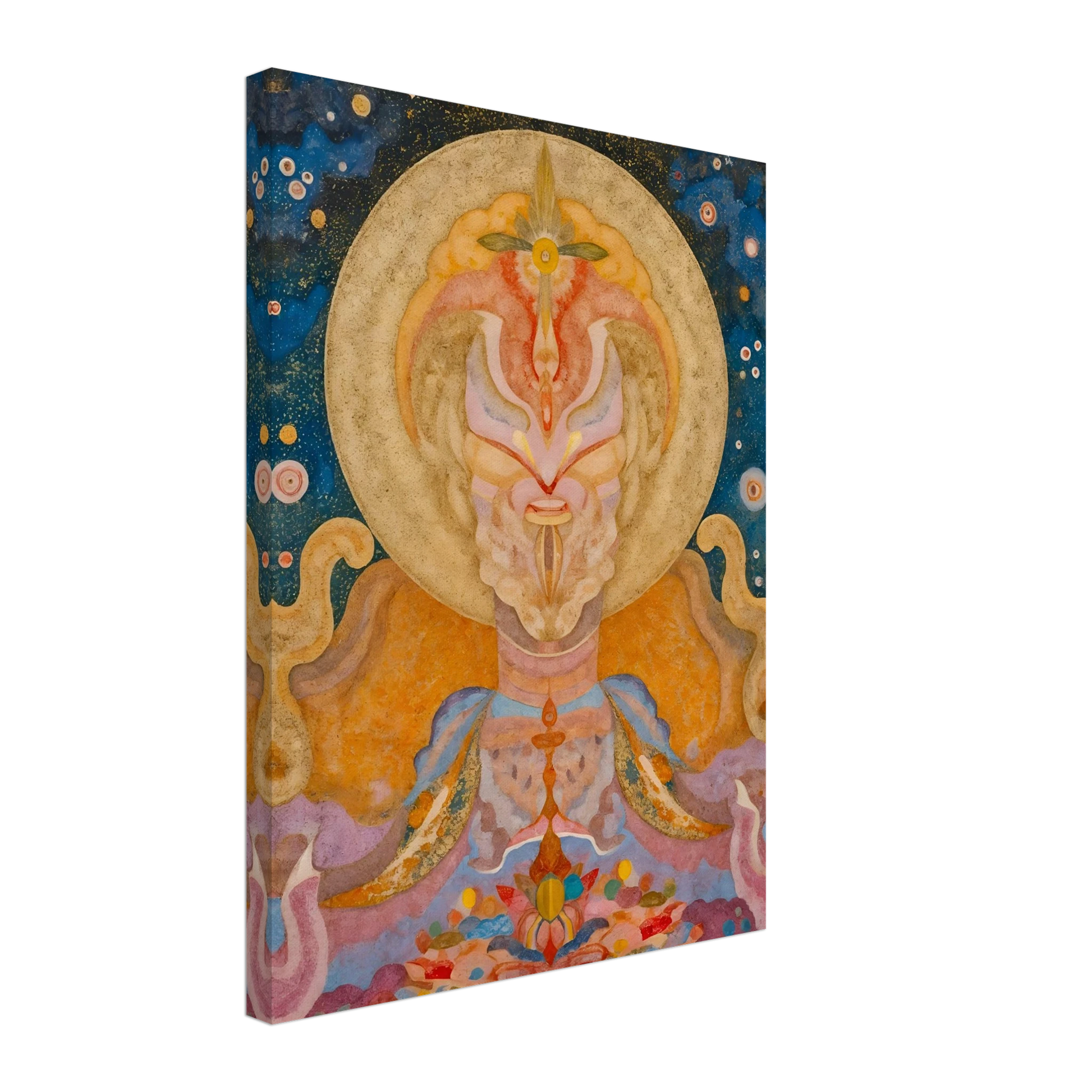 Ornate celestial figure with golden halo, starry blue sky, pastel robes, and floral forms.