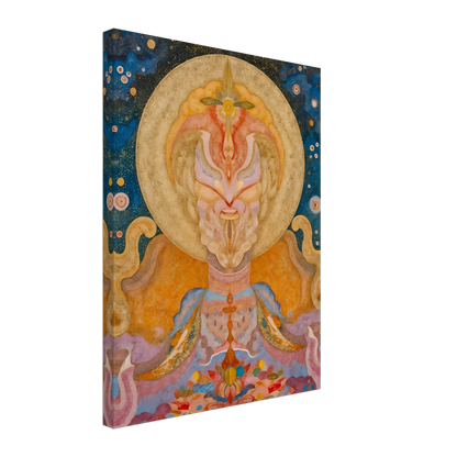 Ornate celestial figure with golden halo, starry blue sky, pastel robes, and floral forms.