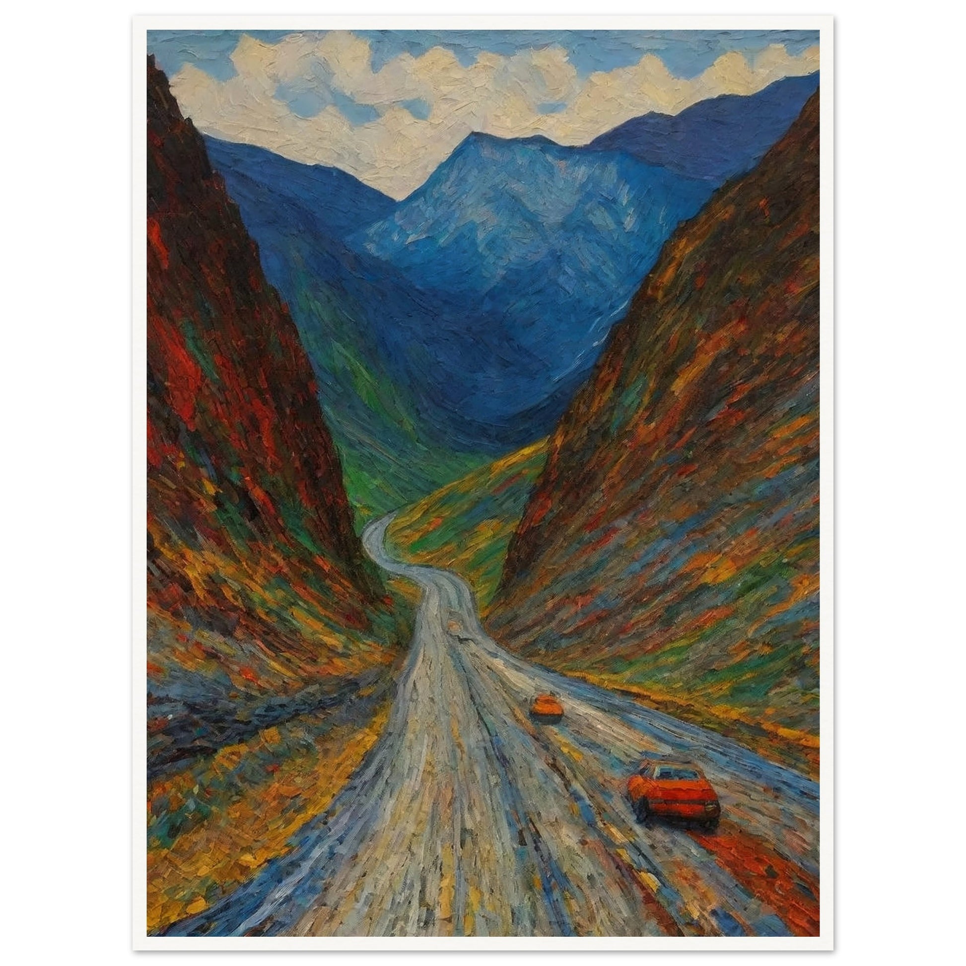 A vivid painting depicting a winding road through a colorful, mountainous landscape with two orange cars traveling along it.