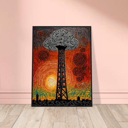 A surreal tower stands against a fiery orange and yellow sky with swirling patterns, evoking mystery and cosmic energy in a dreamlike cityscape.