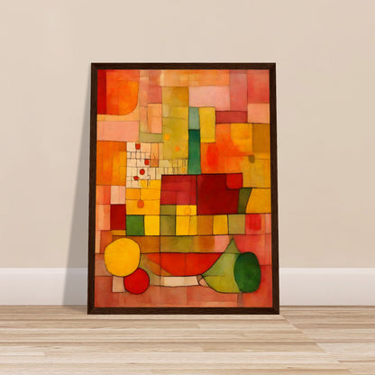 A warm-toned geometric composition with a grid of red, orange, yellow, and green shapes, creating a dynamic mosaic of color and texture.