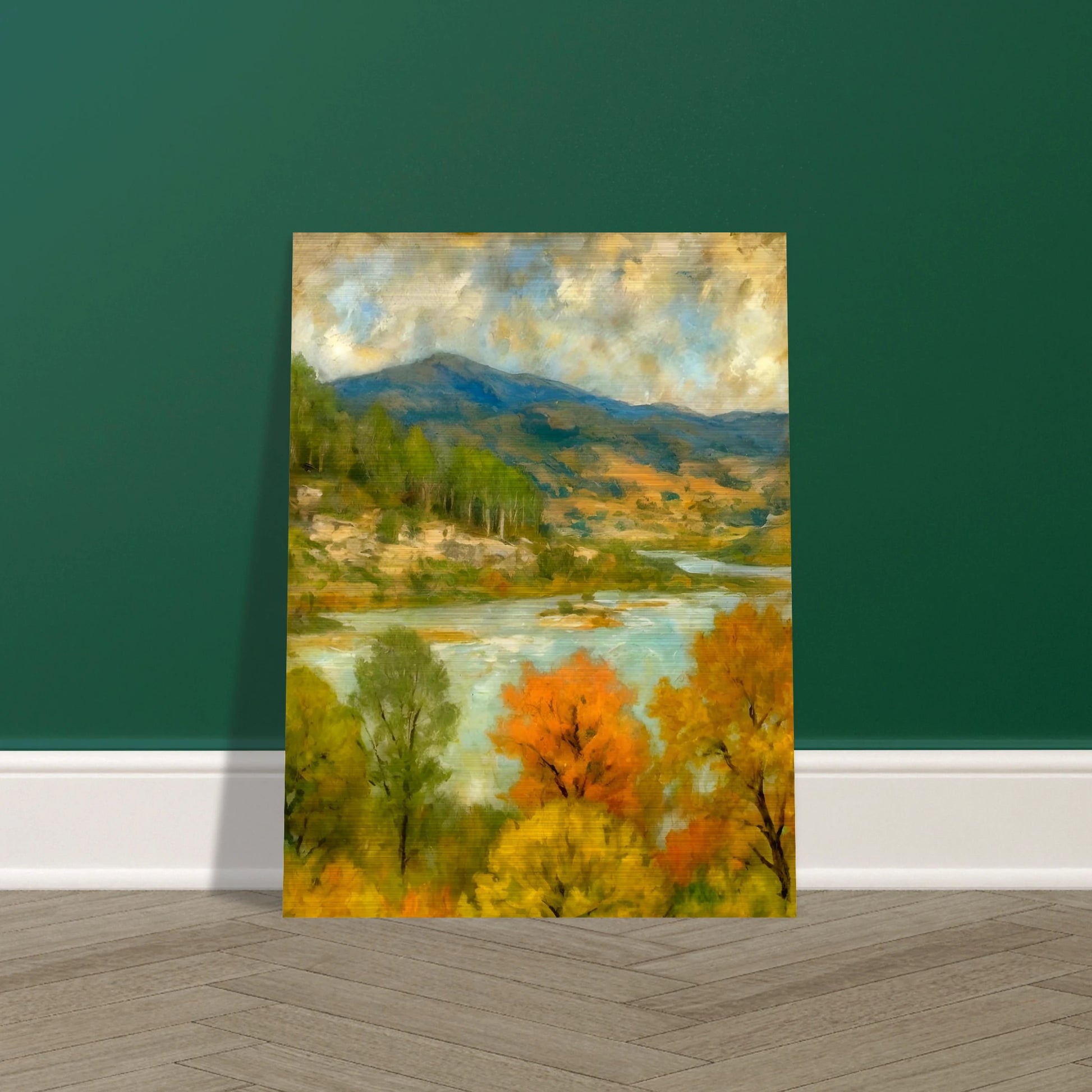 A serene river winds through a lush valley with colorful autumn trees and distant blue-green mountains.